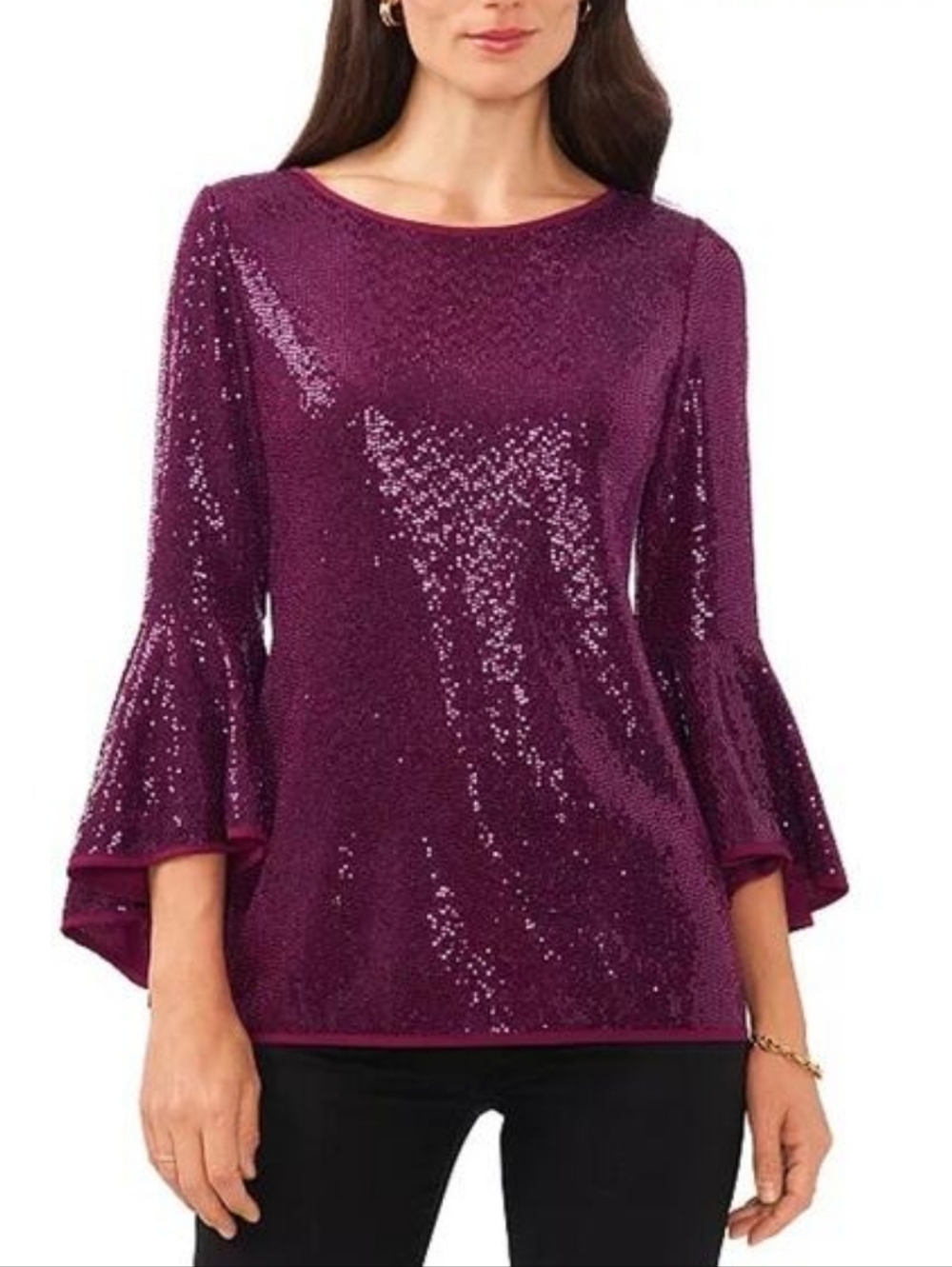 💜 Brand New Vince Camuto Plum Sequin Bell-Sleeve Top, Size XS